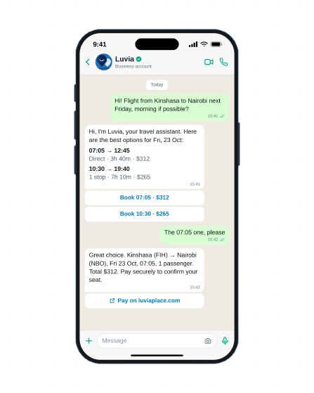 A WhatsApp conversation where Luvia finds flights from Kinshasa to Nairobi, then sends a secure payment link